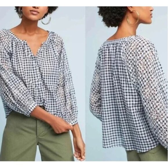 Akemi + Kin Tops - Anthropologies Akemi+Kin Women’s Black White Presley Gingham Eyelet Top Sz S 969